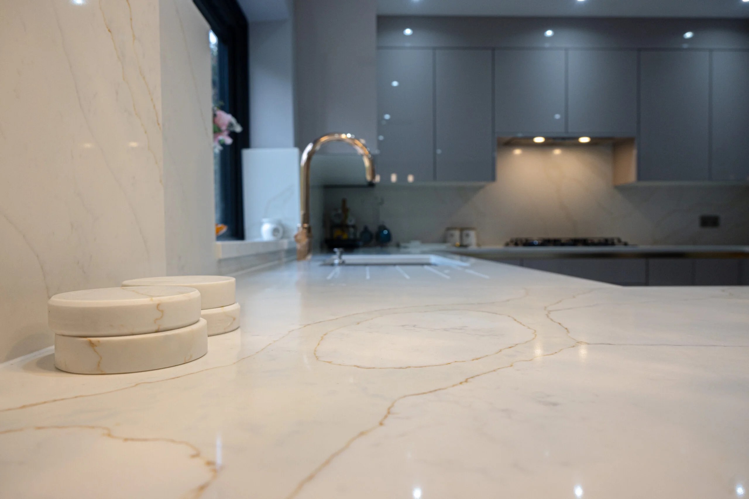 Calacatta quartz worktop with gold veining