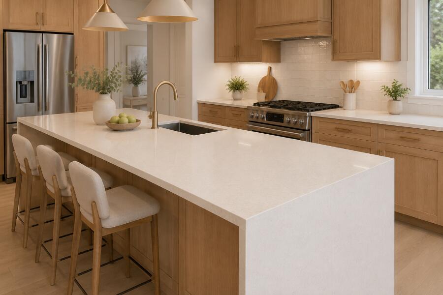 Cream quartz worktops white warm wood cabinet