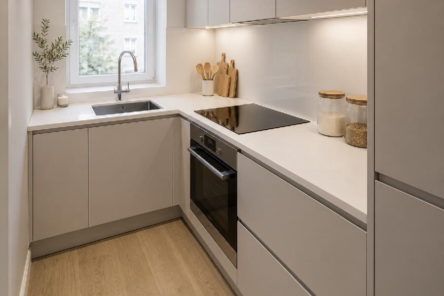 white quartz worktop in small kitchen