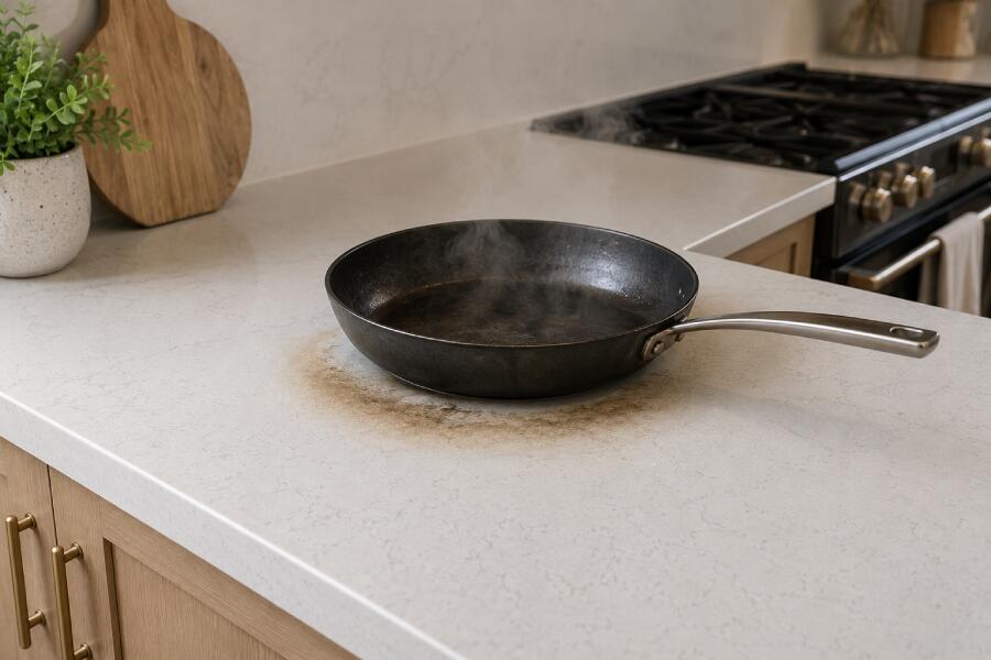 hot frying pan on the quartz worktop.
