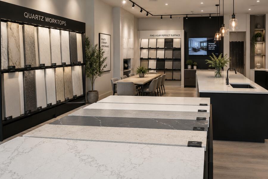 Elegant quartz showroom with modern displays